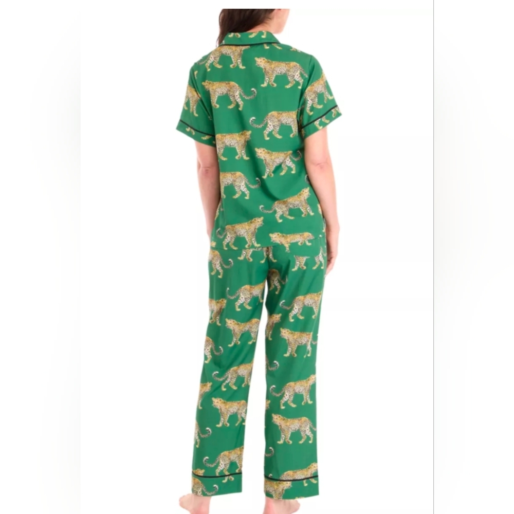 Katie Kime Green Cheetahs Print Pajama Pants Short Sleeve shirt Set, size S Soft - Picture 2 of 16